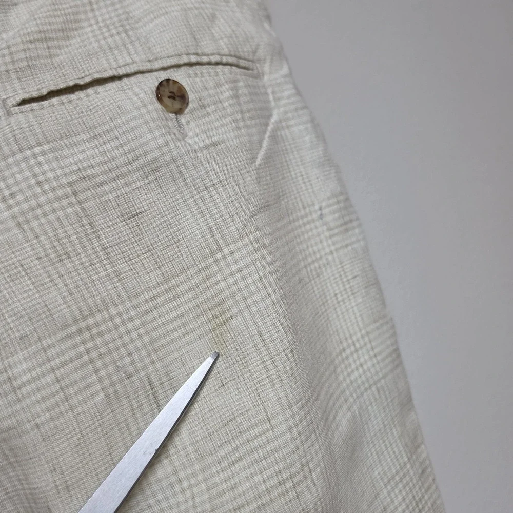 Suitsupply T.B.M. Mens Pure Linen Plaid Dress Pants Beige Tan Flat Front Trouser